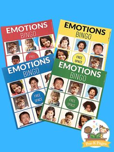 the emotions bingo book is shown in three different colors