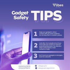 a hand holding a cell phone with the text gadget safety tips on it, in front of a purple background