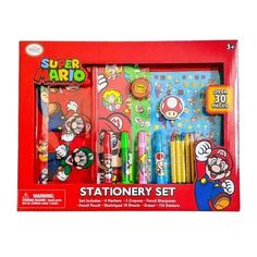 the stationery set includes pens, markers and stickers for kids to draw on