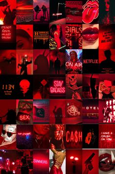 the collage shows various images of people in different colors and sizes, all with red lighting