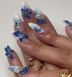 Summer Nails Blue Flower, Flower Almond Nail Designs, Nails Acrylic Summer Blue, Blue Nail French Tip, Dark Blue Flower Nails, Vietnamese Nails, Blue Floral Nail Designs, Almond Nails Flowers, Alaska Nails Designs