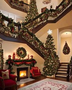 christmas decorations on the stairs in a house