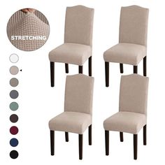 four dining chairs with different colors and patterns on the back, one has a beige uphol