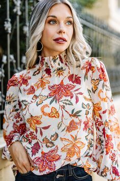 chic women's fall blouse White Floral Blouse, Floral Cocktail Dress, Bold Floral Print, Hair Appointment, Black Tie Dress, Long Sleeve Outerwear, Mint Julep Boutique, Two Piece Swimwear, Friend Outfits