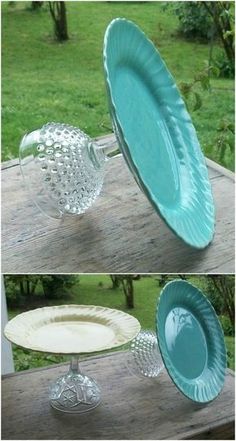 two pictures of glass dishes on a wooden table