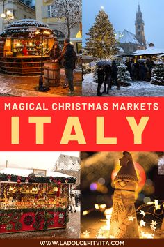 Concept for Italian Christmas Markets in Italy with pictures of various wooden stands and snowy christmas trees Italy At Christmas, Italy Bolzano, Italy In Winter, Christmas Italy, 2025 Travel, Skiing Holiday, Bellagio Italy