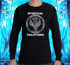 SPIRITUAL SOLUTIONS SS/LS T-shirt You are looking at one of our classic tees. This shirt has been a hit for over 13 years. It is in the style of the old Ramones shirt, which came from a military design, so I thought it would be cool to use it for a spiritual purpose. The 8.5" x 10.5" silk-screened image is on both sides of the shirt. This heavy cotton tee has a classic cotton look and feel. The casual elegance will make it an instant favorite in everyone's recovery wardrobe. Image Size: 8.5" x 1 Ramones Shirt, Aa Symbol, Goat Shirts, Military Design, Queen Shirts, Racing Shirts, Open Minded, Ramones, Be Cool