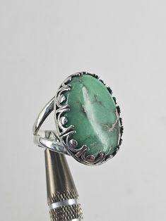 This 100% handmade ring is made from 925 sterling silver with a special self cut/ polished, and self mined Variscite gemstone. ring size: 8 overall setting size: 24mm x 18mm Variscite is a little-known, intense green gemstone with white or black patterns. It is a hydrated aluminium phosphate mineral. It is a relatively rare phosphate mineral. It is sometimes confused with turquoise; however, variscite is usually greener in color. The green color results from the presence of small amounts of triv Handmade Sterling Silver Rings, Green Gemstones, Black Pattern, Handmade Sterling Silver, Handmade Ring, Rings Statement, Statement Rings, Sterling Silver Rings, Favorite Jewelry