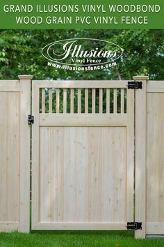 an image of a wooden fence with the words woodgrain on it in front of trees