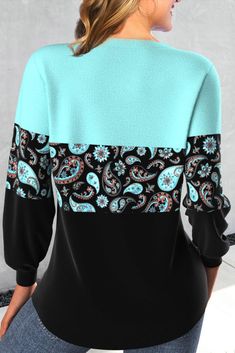 ROTITA Patchwork Paisley Print Mint Green V Neck Sweatshirt Patterned Patchwork Long Sleeve Tops, Casual Long Sleeve Tops With Paisley Print, Casual Black Paisley Print Blouse, Casual Black Blouse With Paisley Print, V Neck Sweatshirt, Women Hoodies Sweatshirts, Long Sleeve Sweatshirt, Long Sleeve Sweatshirts, Paisley Print