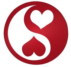 a red and white logo with two hearts in the shape of a yin - yang