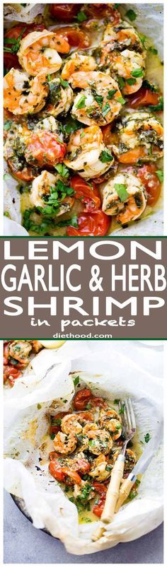 lemon garlic and herb shrimp recipe in a skillet with text overlay that reads, lemon garlic and herb shrimp