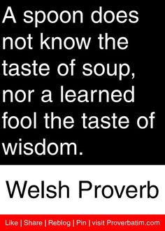 a black and white photo with the words, a spoon does not know the taste of soup, nora learned fool the taste of wisdom