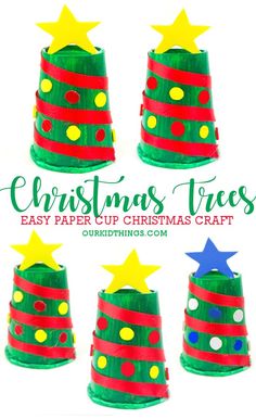 christmas trees made out of paper cups with stars and stripes on the top, sitting in front of a white background