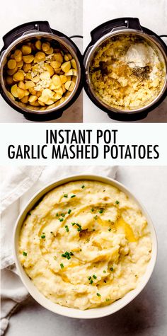 instant pot garlic mashed potatoes in two bowls with text overlay that reads instant pot garlic mashed potatoes