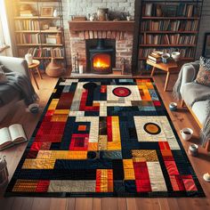 a living room with a fire place, couch and rug