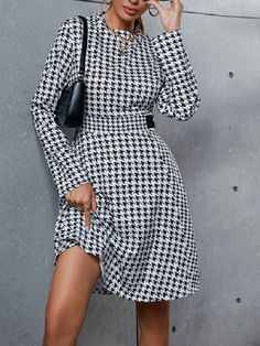 Full Sleeves Dress, Autumn Dresses, Houndstooth Fabric, Round Neck Dress, Dress Autumn, Round Neck Dresses, Dresses By Length, Basic Style, Office Ladies