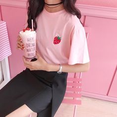 Pink Shirt Aesthetic, White Strawberry, Shirt Aesthetic, Winter Leggings, Tumblr Outfits, Cute Strawberry, Blue Merle, Red Strawberry, Soft Grunge