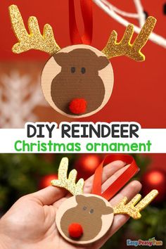 hand holding up a christmas ornament made out of cardboard with reindeer head on it