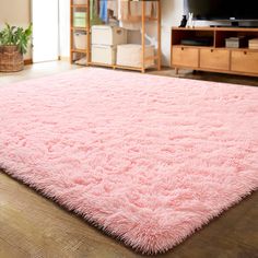 a living room with a large pink rug on the floor