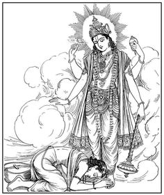 the hindu god with his head down in front of an image of a man laying on the ground