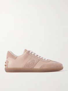 TOD'S Cassetta suede-trimmed leather sneakers Tods Shoes, Trainers Fashion, Trainer Sneakers, Coat Design, Bag Dress, Modern Boho, Manolo Blahnik