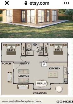 the floor plan for a small house with two bedroom and an attached living area, which is