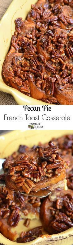 pecan pie french toast casserole in a yellow dish