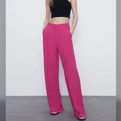 Zara Wide Leg Fuchsia Pink Trousers Pants With Darts Excellent Condition Inseam 34’ Chic Purple Straight Leg Pants, Elegant Purple Wide-leg Pants, Pink Party Pants With Pockets, Chic Pink Full Length Dress Pants, Chic Pink Straight Leg Dress Pants, Chic Pink Trousers Dress Pants, Pink Chic Dress Trousers, Pink Wide Leg Dress Pants For Summer, Pink Wide-leg Dress Pants For Summer