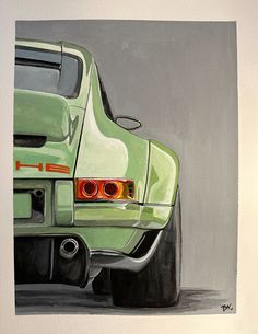 the back end of a green sports car painted in acrylic on white paper