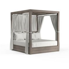 a canopy bed with curtains and pillows on the top, in front of a white background