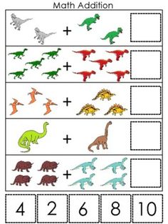 a worksheet with dinosaurs and numbers to be used for math additions, including one