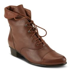 Spring Step Style: Galil Polished leather lace-up bootie detailed with a fold-over cuff and metal eyelets. Heel Height (approximately): 1 1/4" stacked Shaft Height (approximately): 6 1/2" Circumference (approximately): 10" Features: -Round toe, polished leather, durable waxed cotton laces, antique finished pewter eyelets, polished stacked heel. -Soft textile lining. -Synthetic leather padded insole. -Rubber outsole. -Imported. Size: EU 39.  Color: Brown.  Gender: female.  Age Group: adult. Soft Textiles, Leather Lace, Waxed Cotton, Cotton Lace, Stacked Heel, Synthetic Leather, Leather And Lace, Gender Female, Clothing And Shoes