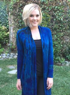 "Long Sweater, Womens Long Cardigan, Maxi Cardigan, Cardigan w/Sleeves, , Ladies Cardigan, Duster, , Tie Dye in shades of Deep Blues, Purples and Black, Deep rich color! The perfect light weight cardigan. The Fabric is 94% Rayon / 5% Spandex It feel soft and luxurious, Comes in S/M only S/M across the upper back 18\", Hips 48\" Length from the top of the shoulder to the bottom 36\" Sleeve Length 23 1/2\" is addition to the back measurements it also has that plus a little in the front. Feels soft Blue Open Front Outerwear For Fall, Fitted Blue Cardigan For Fall, Versatile Stretch Blue Outerwear, Blue Open Front Cardigan For Winter, Versatile Fitted Open Front Cardigan, Fitted Open Front Versatile Cardigan, Fitted Long-sleeved Blue Cardigan, Blue Long Outerwear For Layering, Blue Fitted Casual Cardigan