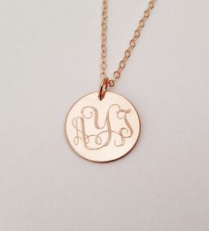 "Beautiful rose gold. This rose gold filled dainty necklace makes a beautiful present for your wife, mother or friend. They are also perfect for for bridesmaids presents. I will engrave a monogram, initial or name onto the round pendant. Pendant - Rose Gold Filled, 5/8\" diameter Necklace- Rose Gold Filled, 16\" long standard (18\", or 20\" available upon request, no extra charge) How to Order: 1. Place item or items in cart. (If purchasing more than one item the shipping will automatically be c Bridesmaids Presents, Gold Monogram Necklace, Rose Gold Initial Necklace, Gifts For Young Women, Acrylic Monogram, Monogram Necklace Gold, Jewelry 2022, Bridesmaid Presents, Rose Gold Initial