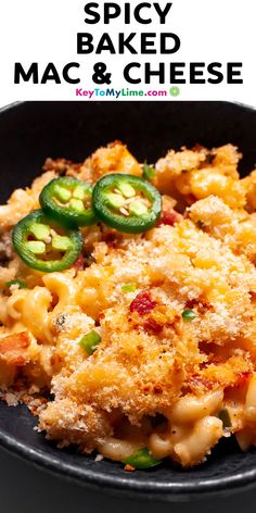 a bowl filled with macaroni and cheese topped with jalapeno peppers