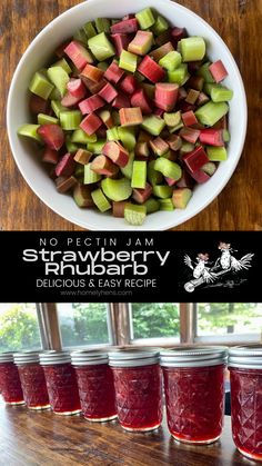 pickled rhubarb in jars with text overlay that reads no pectin jam strawberry parsley delicious and easy recipe