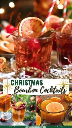 christmas bourbon cocktails with orange slices and cranberries