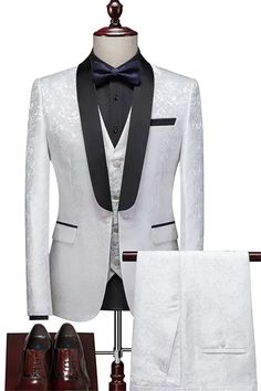 Classic White Jacquard Three Pieces Close Fitting Wedding Suit Best Wedding Suits, Prom For Guys, Mens Casual Suits, Prom Suits For Men, Boutique Suits, Party Suits, Prom Suits, Slim Fit Suits, Tuxedo Wedding