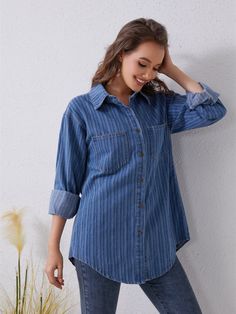 Features: Washed Stretch: No stretch Material composition: 65% cotton, 35% polyester Care instructions: Machine wash cold. Tumble dry low. Imported Size Us Size Top Length Bust Sleeve Length S 4 29.9 40.9 24 M 6/8 30.3 42.5 24.4 L 10/12 30.7 44.9 24.8 XL 14 31.1 47.2 25.2 Denim Cotton, Luxury Fabrics, Denim Shirt, Cotton Shirt, Shirts Tops, Fashion Forward, Button Up, Relaxed Fit, Sleeve Length