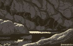 an old pixellated image of some rocks and water with mountains in the back ground