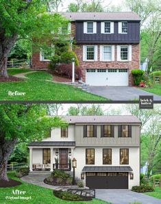 before and after photos of a two story house with an attached garage in the front yard