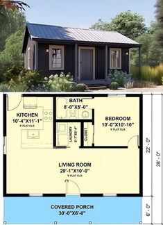 the floor plan for a small cabin with two bedroom and an attached bathroom is shown