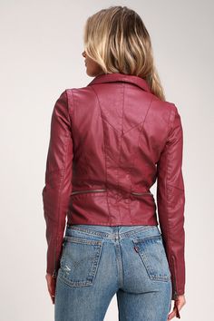 Lulus Exclusive! Weekday or not, spice up the night with the Lulus Up on a Tuesday Burgundy Vegan Leather Jacket! This sleek moto jacket has a collared neckline, long sleeves with zipper cuffs, and eye-catching top-stitching throughout. Gunmetal zippers provide a centered front zipper, decorative zipper pockets, and horizontal zips above the hem. Fit: This garment fits true to size. Length: Size small measures 20" from shoulder to hem. Bust: Great for any cup size. Waist: Loosely Fitted. Fabric: Olive Green Shirt Dress, Women Fall Outfits, Trendy Outerwear, Midi Skater Dress, Burgundy Jacket, Olive Green Pants, Trendy Jackets, Vegan Leather Jacket, Cropped Flare Jeans