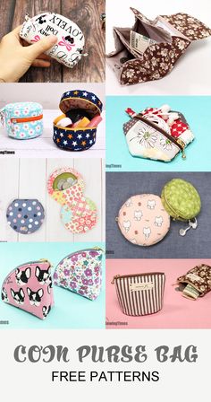 collage of different purses with text overlay that says coin purse bag free patterns