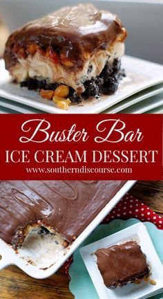 two plates with desserts on them and the words buster bar ice cream dessert