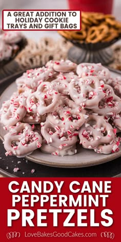 candy cane peppermin pretzels on a plate with the words, great addition to trays and gift bags