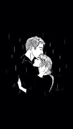 a man and woman kissing in the rain with their arms around each other on a black background