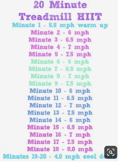 the 20 minute treadmill hit workout plan is shown in pink, blue and green