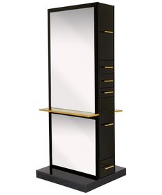 a tall black and gold mirrored cabinet with two shelves on each side that has a mirror above it